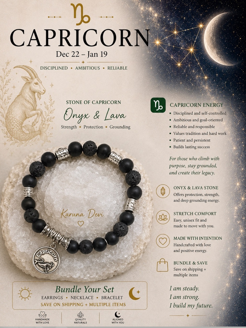 Capricorn ♑️ Black Onyx & Lava Bead Unisex stretch Charm Bracelet